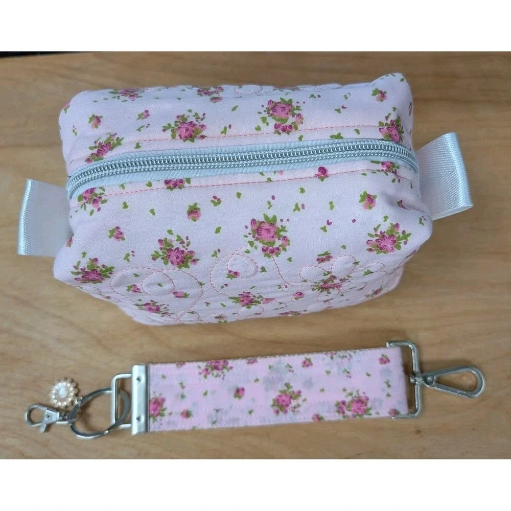 Embroidered MAKEUP Cosmetic Toiletries Pink Rose Floral + Matching Key Fob SET